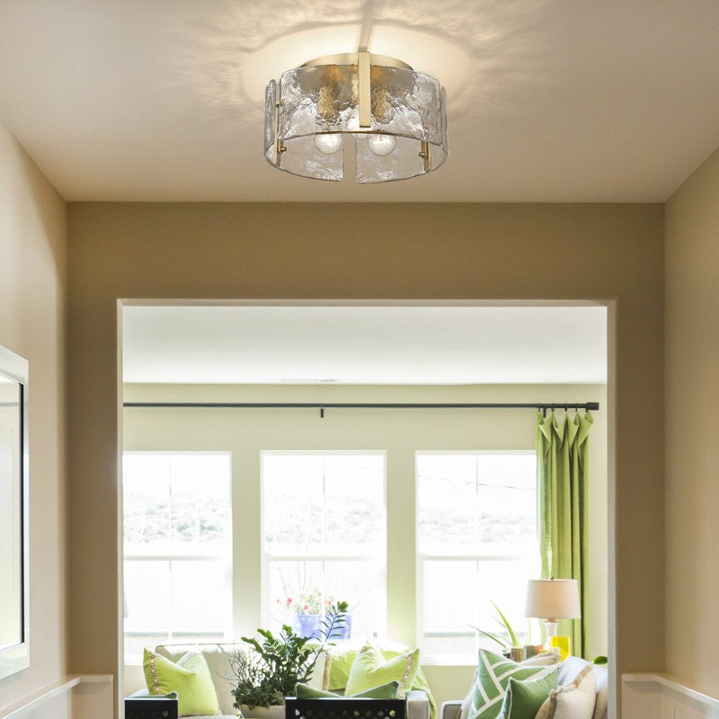 Hammered Water Glass Ceiling Light -  Gold Drum Flush Mount Light